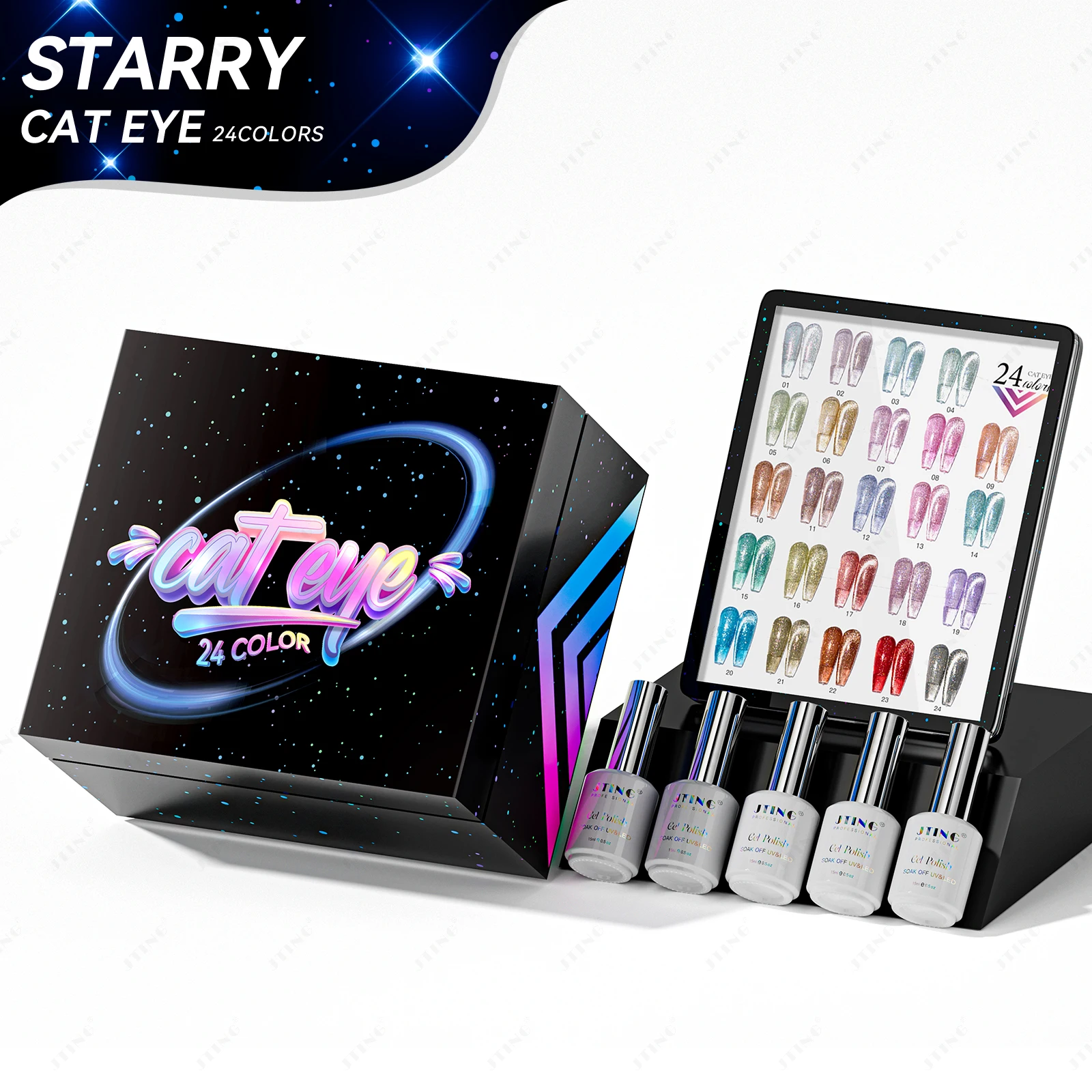 

JTING Newest Unique Starry cat eye gel collection set box 24colors summer diamond cat eye gel nail polish with unique color book