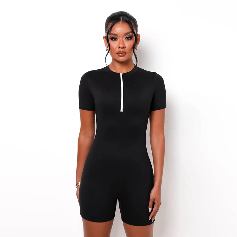 

New Arrival in stock zipper playsuits sexy short rompers womens jumpsuit one piece overalls women clothes body suit, As picture