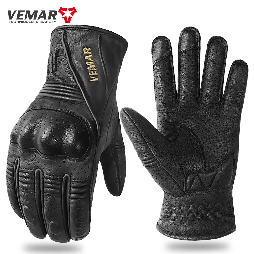 

VEMAR Vintage Leather Motorcycle Racing Glove Breathable Full Finger Motocross MTB Biker Gloves Touch Screen Knight Glove Summer, No holel,.with hole