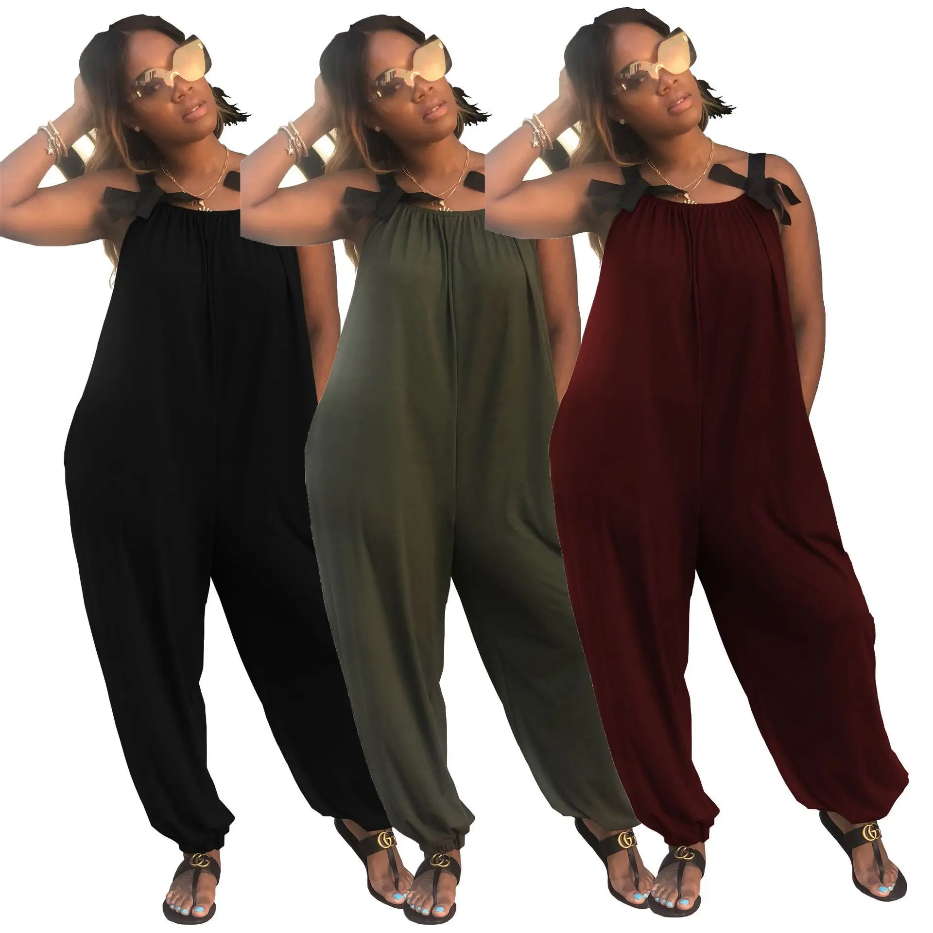 

Women Casual Solid Color Loose Fit Baggy Harem Overall Jumpsuit Sleeveless Spaghetti Strap Ladies Jumpsuits and Rompers