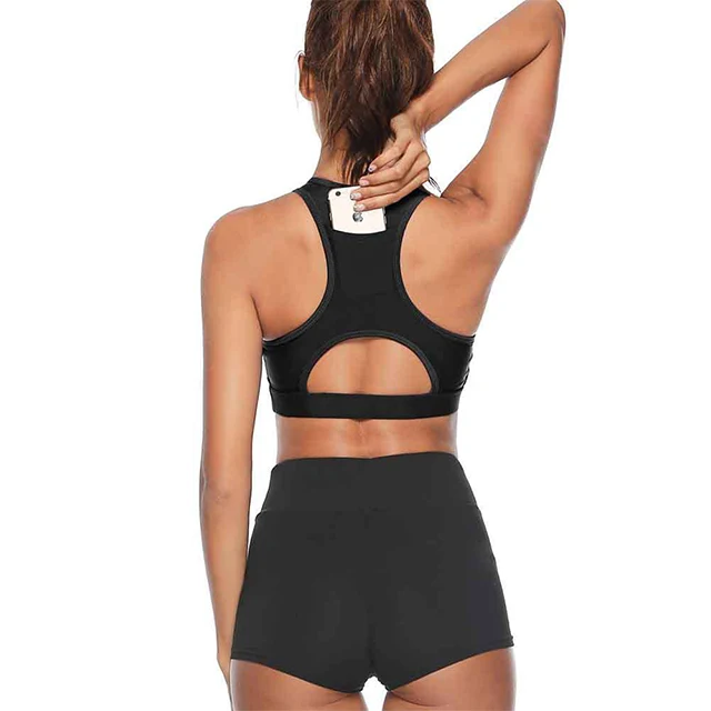 

New Arrival Fashion Custom Womens Fitness Black Back Hollow Out Pocket Yoga Sport Bra Top, Customized colors
