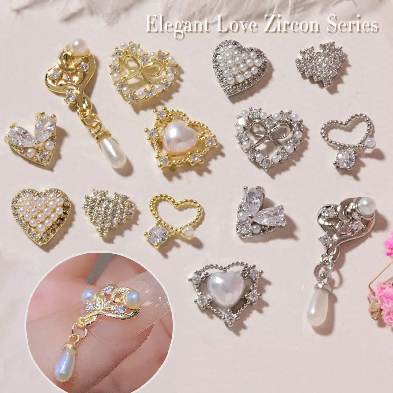 

Ins Hot Love Shape Designer Luxury Heart Zircon Diamond Pearl Shiny Nails Charms Decoration 3d Nail Art Accessories
