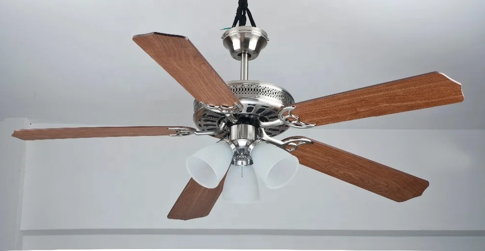 
52 inch European Air Cooler House Decorative Brushed Nickel Ceiling Fan Lights, 5 Plywood Blades, include Pull Chain Control 