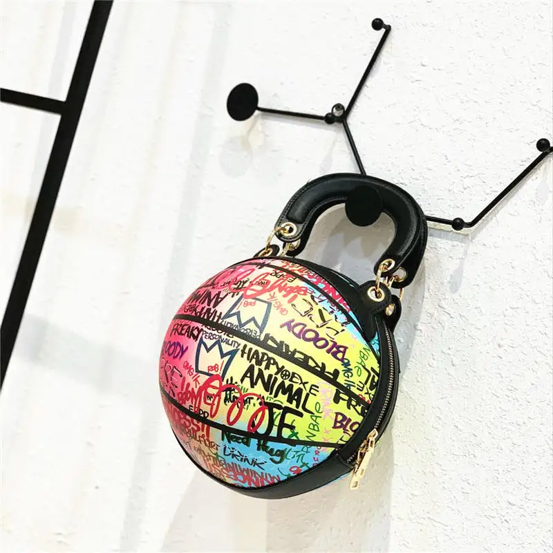 

2020 New Fashion Luxury Designer Graffiti Basketball Purse Bag Woman Shoulder Rounded Chain Crossbody Evening Bags, As picture