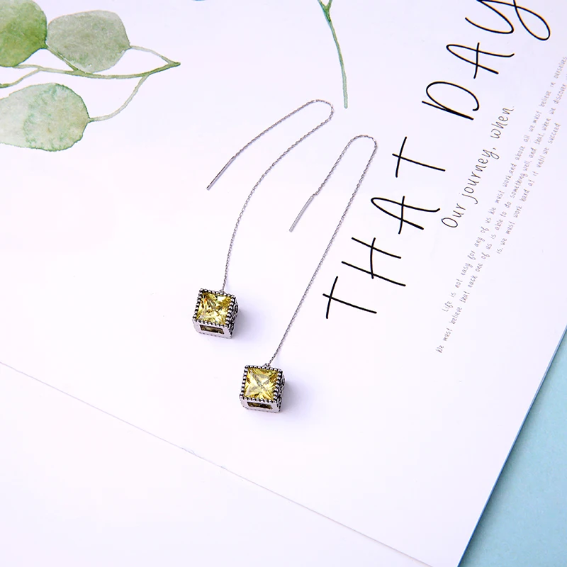 

me00240 Fashion Purple And Yellow Zircon High Quality Luxury Cube Pendant Threader Earring, Gold