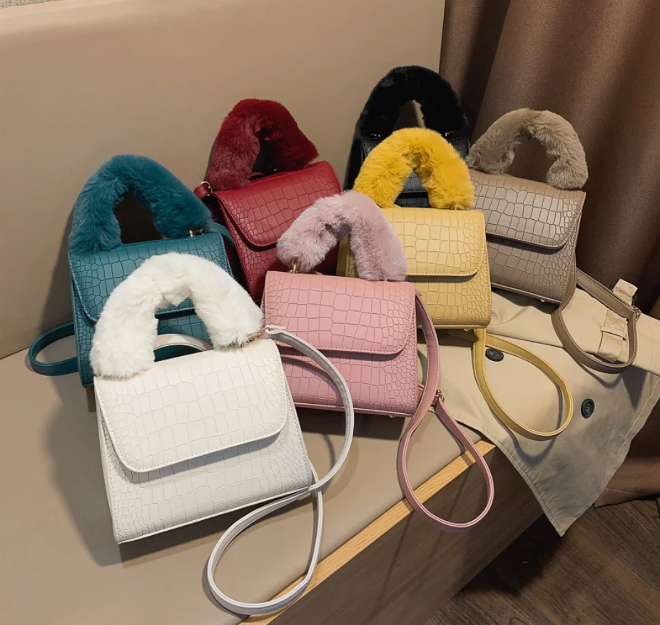 

Fashion Luxury Winter Mini Fluffy Crossbody Shoulder Bag Evening Women Girls Ladies Fur Plush Purse Bags Handbags, White, black, blue, yellow, khaki, pink, red