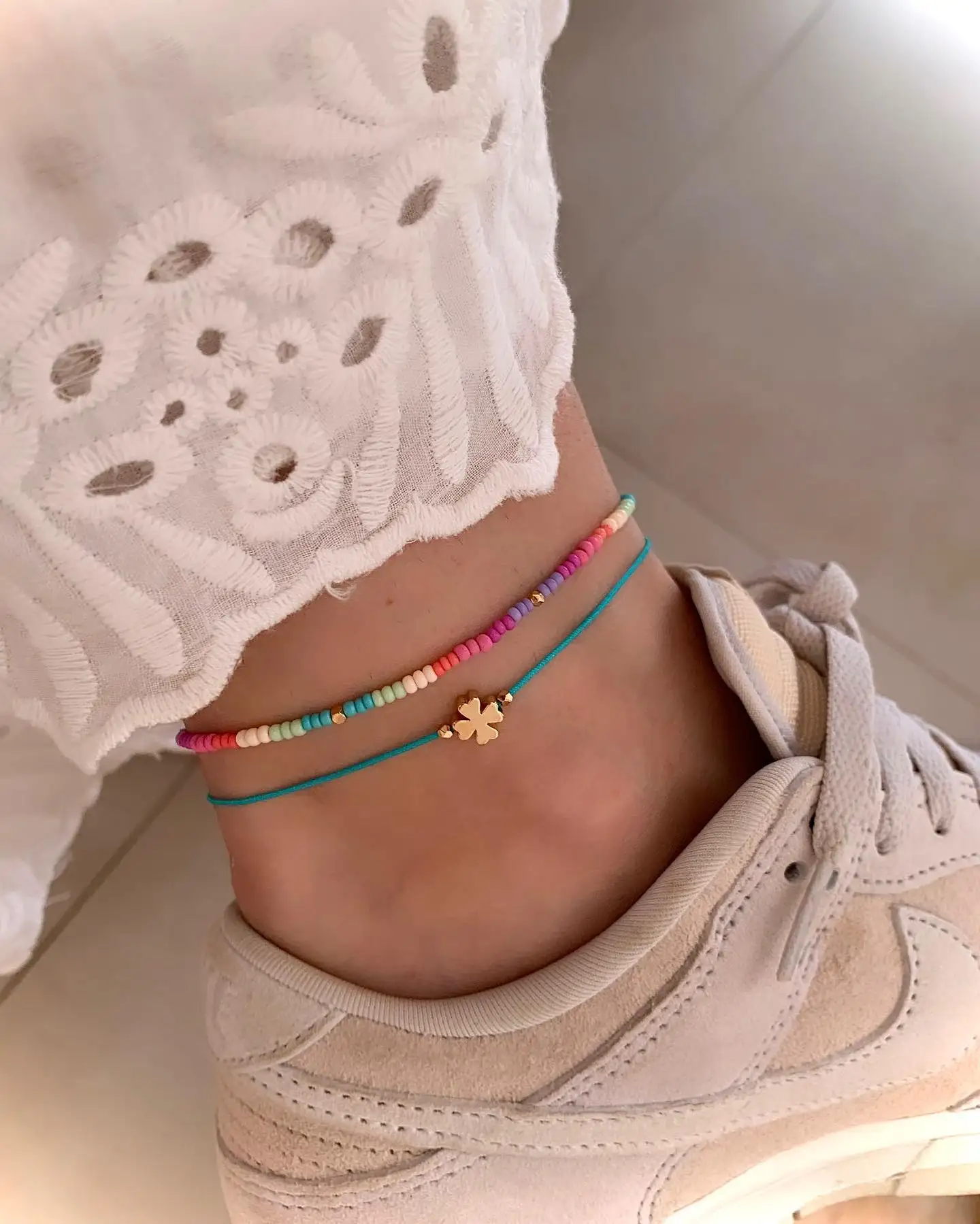 

Go2boho 2PCS Beach Modern New Arrival Bracelet Set of Dainty Colorful Beads Stack and Clover Anklets Bracelets for Women