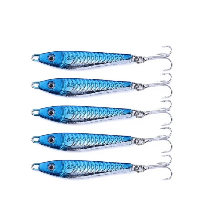 

China Fishing tackle suppliers Sinking metal bait 8cm 28g lead fish metal jig with reinforce three hook, Blue
