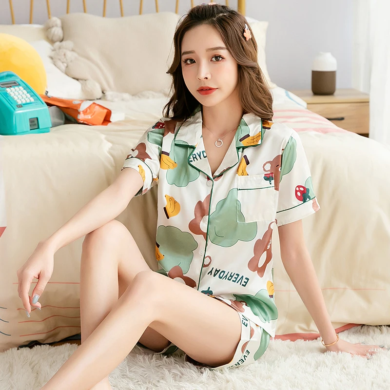 

Satin pajamas summer short sleeve top and pants silk sleepwear for women turn-down collar printed nighty