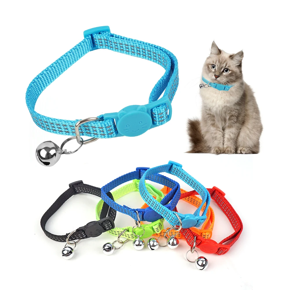 

Adjustable Pet Collars Webbing Reflective Safe Cat Collar with Bells, Black, red, orange, dark blue, blue, green