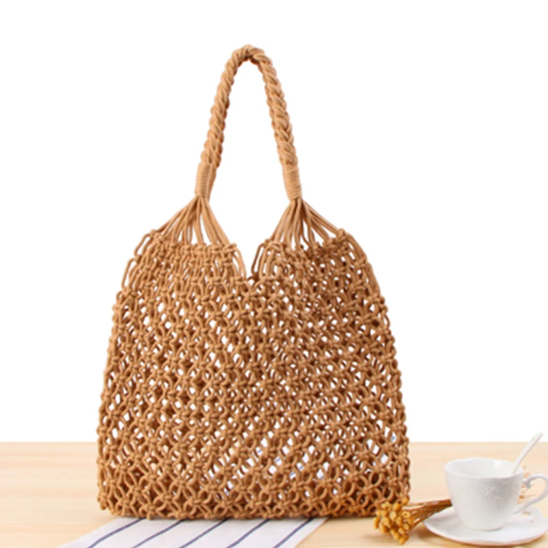 

Woven Crochet Beach Bag Wholesale Hollow Out Cotton Rope Knitted womens beach bag, As pics show