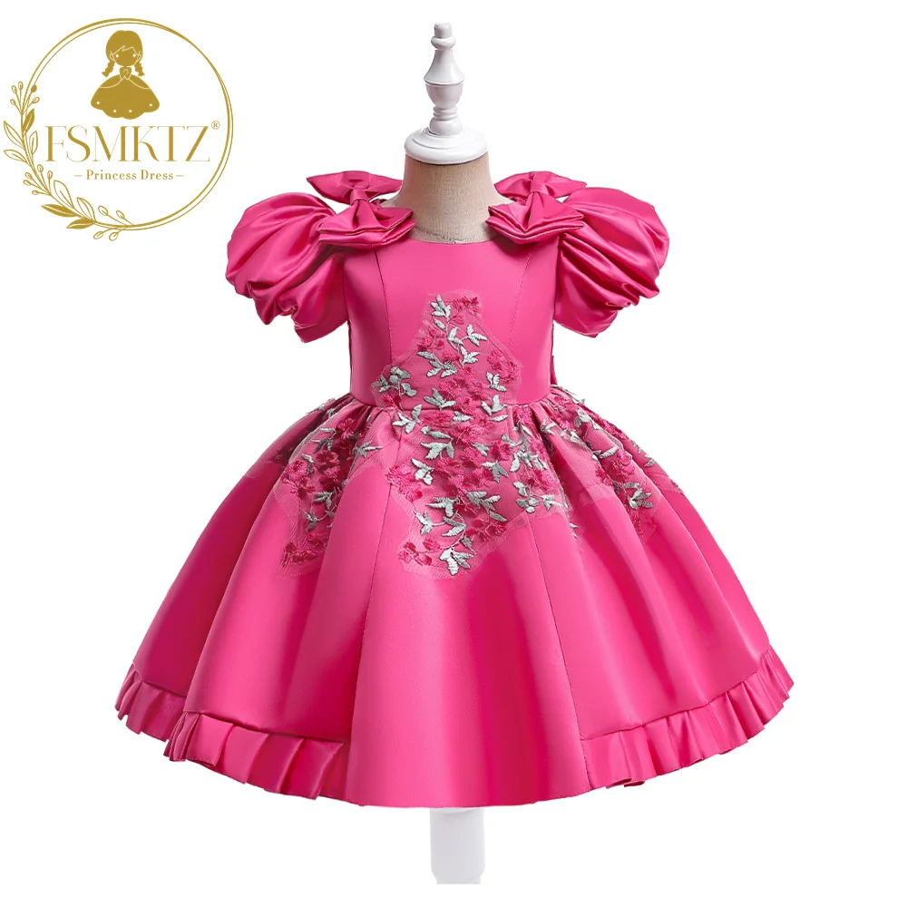 

FSMKTZ Embroidery Flower Kids Dress Elegant Rose Black Girls Frock Bowknot Formal Birthday Children Dress