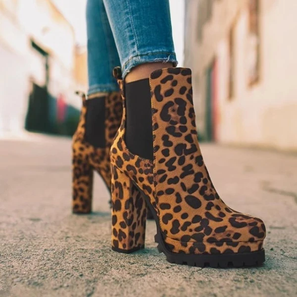 

Women Boots Ankle Booties Ladies Platform Boots Short Elastic Leopard Black Wine Thick Block Heel Designer Womens Boots, Leopard wine red black
