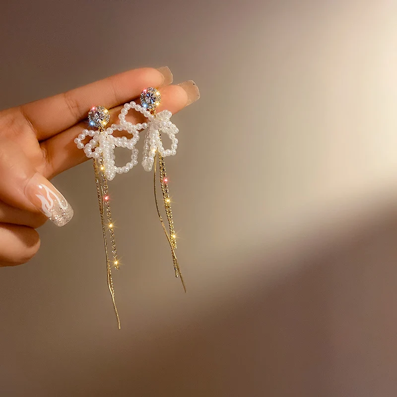 

real gold plated bowknot pearl crystal long trendy earrings 2021