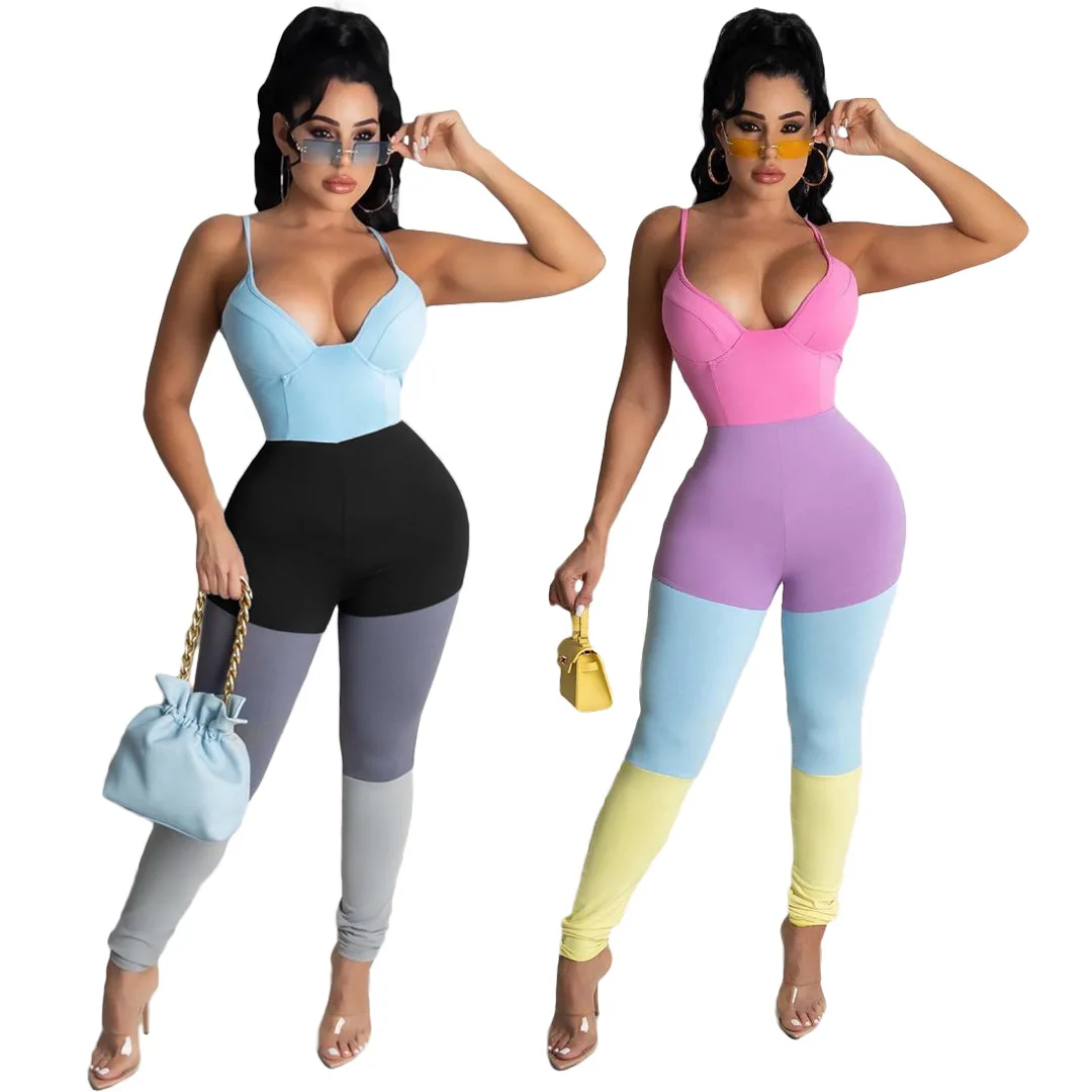 

DUODUOCOLOR New style fashion multicolor suspender low collar 2021 casual sleeveless jumpsuits for women sexy D10692, Pink, light blue