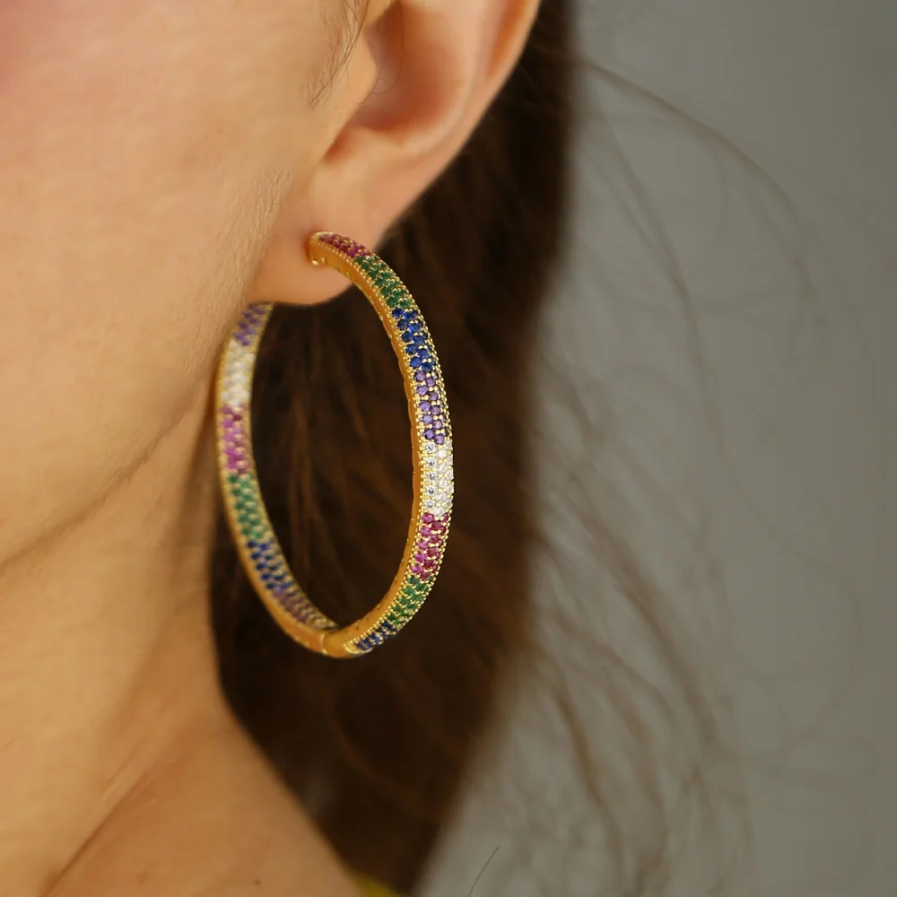 

high quality luxury gorgeous european women jewelry 50mm big classic hoop earring rainbow cz hoops