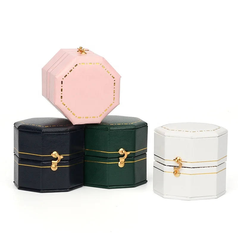 

RuiKaiLi Vintage octagonal ring jewelry box leather flannel metal buckle jewelry packaging box wholesale, Custom color accepted