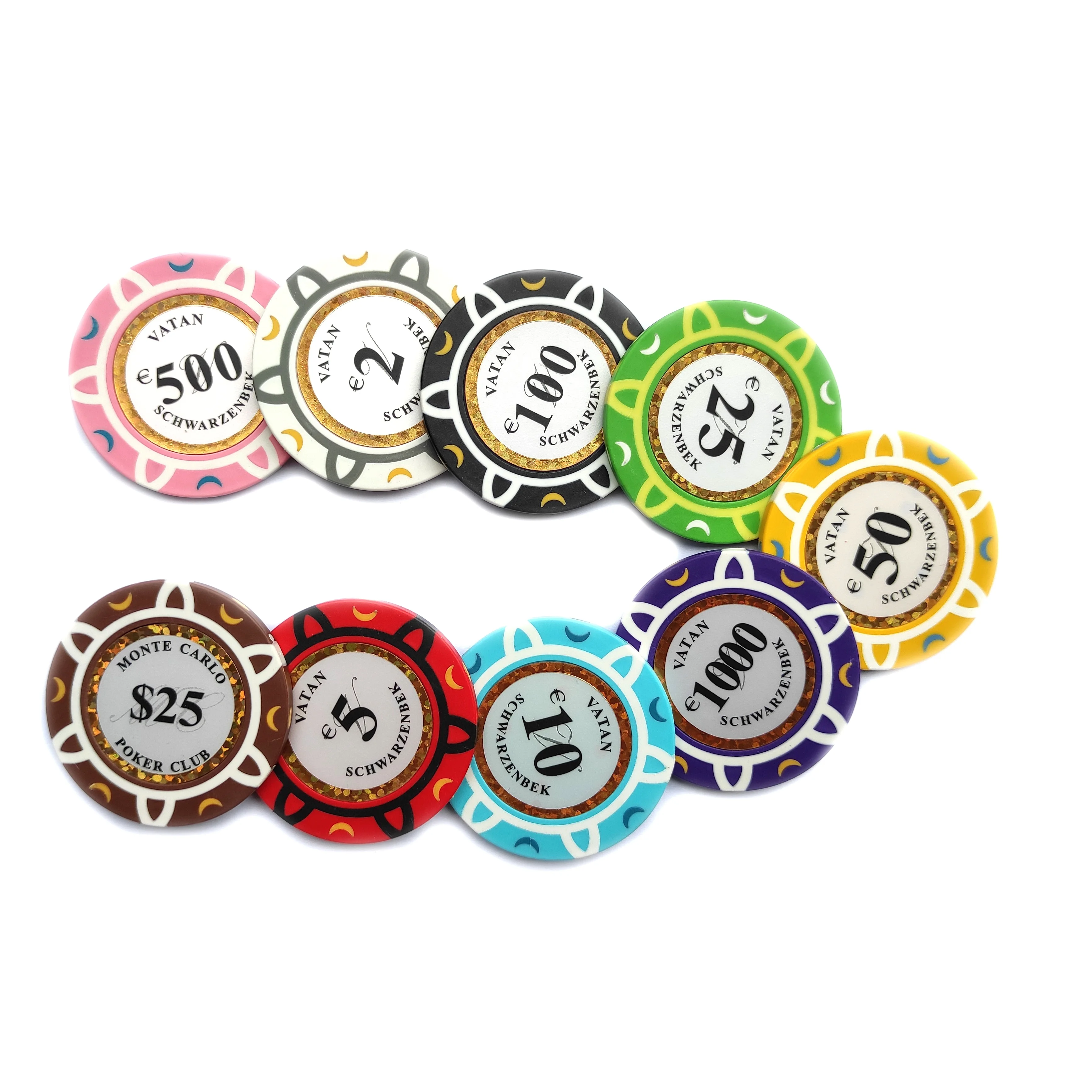 

14G 3 TONE real clay poker chips custom made your design with gold trim labels inlay