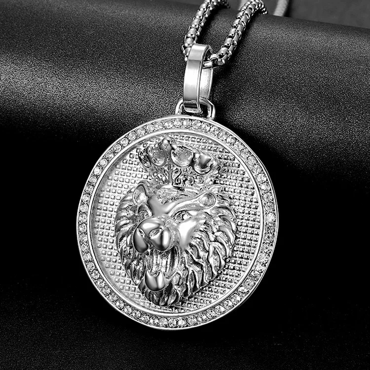 

42MM Punk Jewelry Silver Color Animal Head Pendant Round Crystal Inlaid Crown Lion Head Necklace Pendant