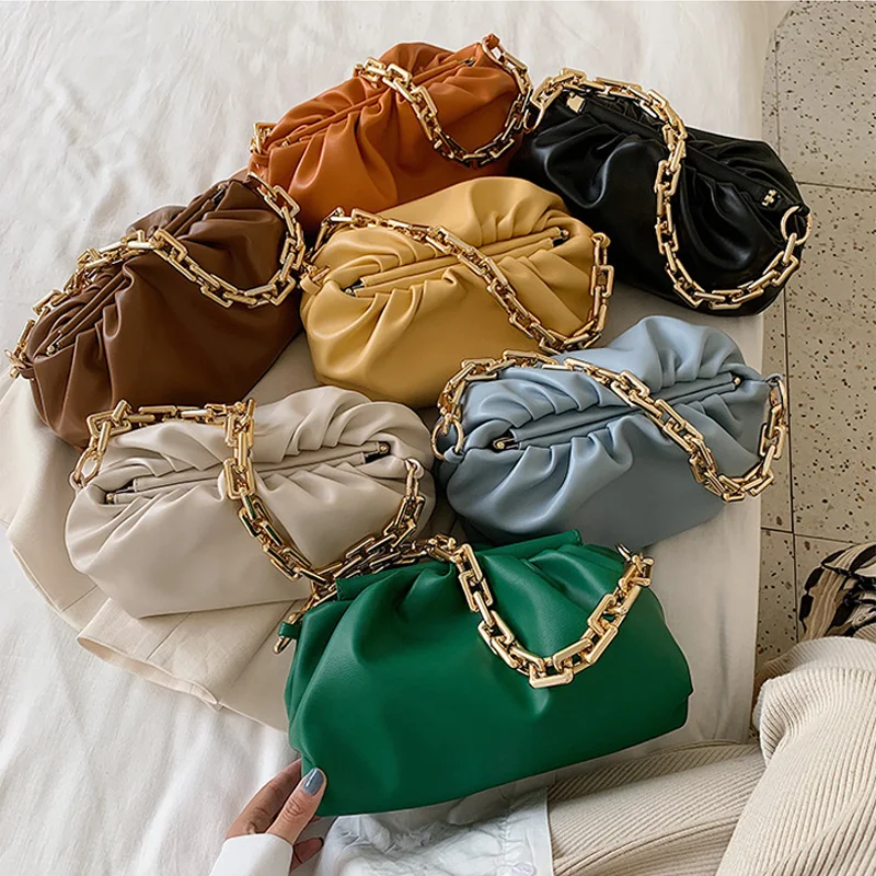 

2021 New Womens Handbag Clutch Thick Chain Wrinkled Cloud Purses Shoulder Bag, 7 colors