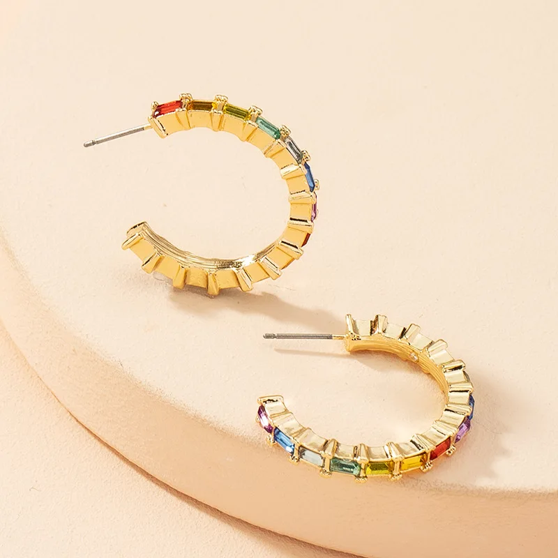 

Sample Available18K Multicolor Diamond Huggie Hoop Earring C Shape Gold and Rainbow Rhinestone Earrings