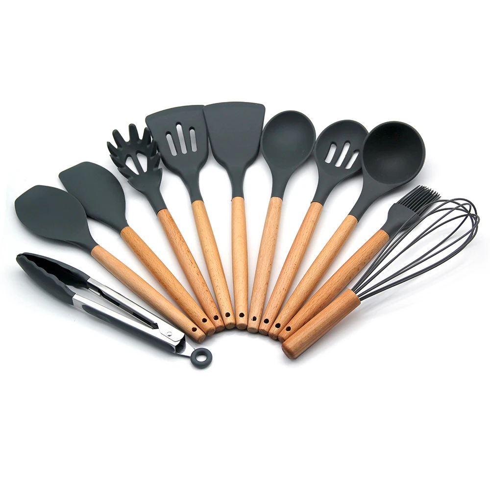 

wooden silicone kitchenware customimed logo 12 piece kitchen utensil set, Grey