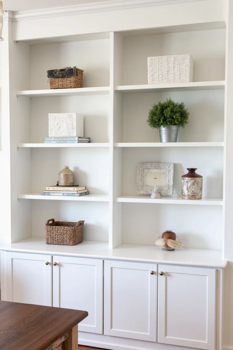 Children organizing books on lower shelves of white built-in bookcase with labels