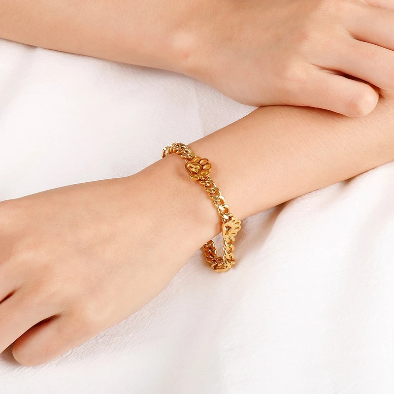 

Hongtong Gold Plated Dog Cat Pet Paw Bracelet Stainless Steel Lovely Charm Cuba Chain Bracelets For Women, Picture