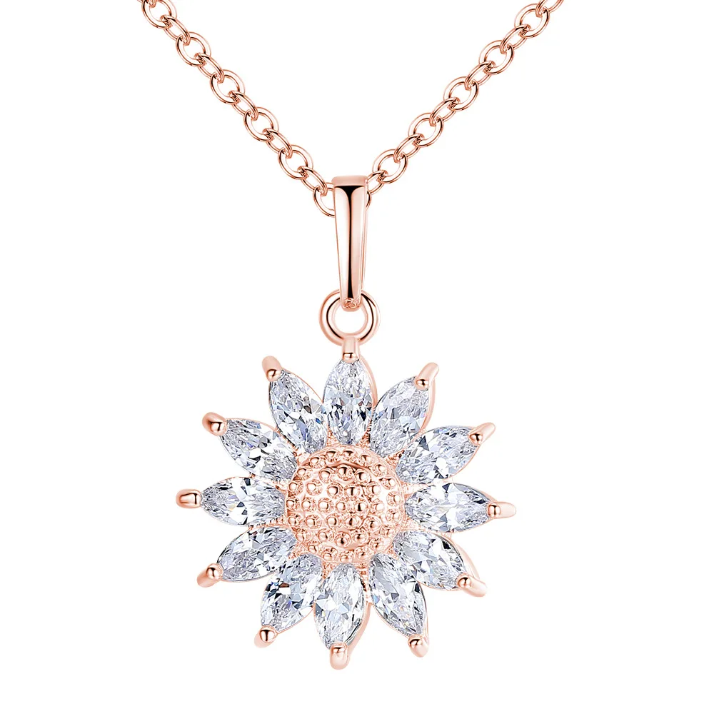 

Fashion Luxury Girl Gift Silver Rose Gold Plated Copper Chain Crystal Zircon Sunflower Pendant Bride Necklace Jewelry For Women, Same pic