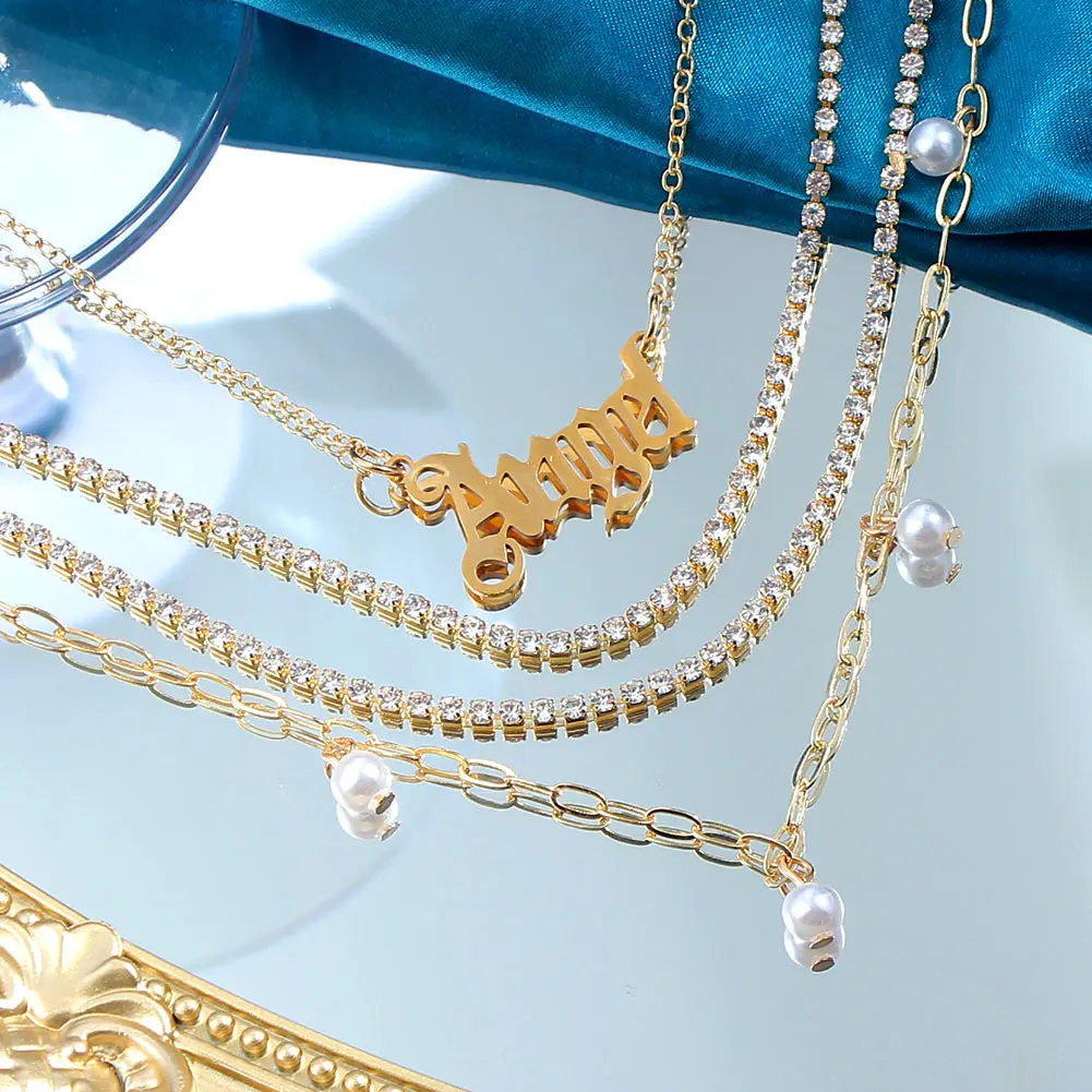 

4Pcs/set Goddess Various Round Natural Cream Pearl Link Crystal Rhinestone Diamond Chain Angel Necklace, Gold