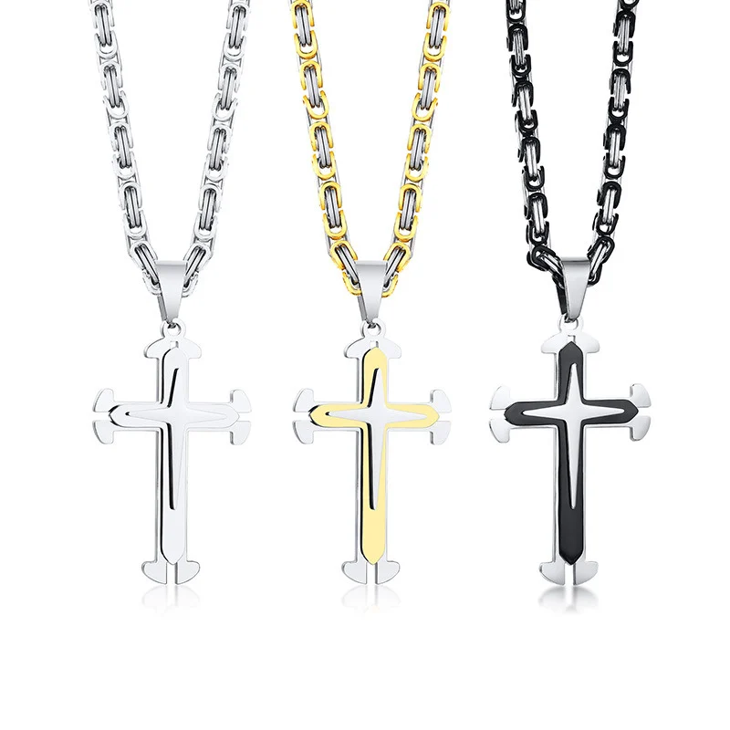 

Wholesale Custom 18K Gold Black Plated Stainless Steel Christian Jewelry Three Layers Cross Pendant Necklace for Men