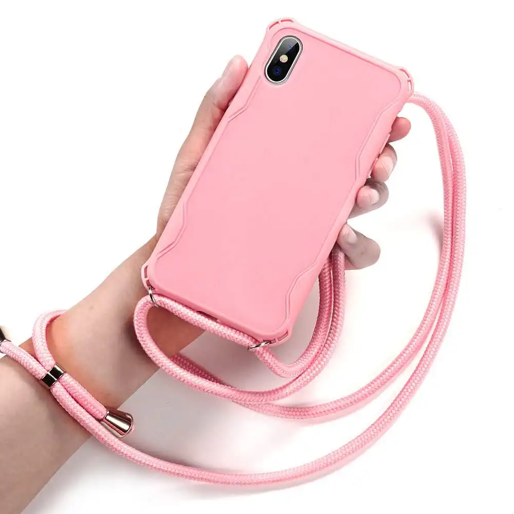 

New Arrival Airbag colors Soft TPU Cell Phone Case With Long Lanyard Necklace Shoulder Neck Strap Rope Cord for iPhone, Colors case with colors strap