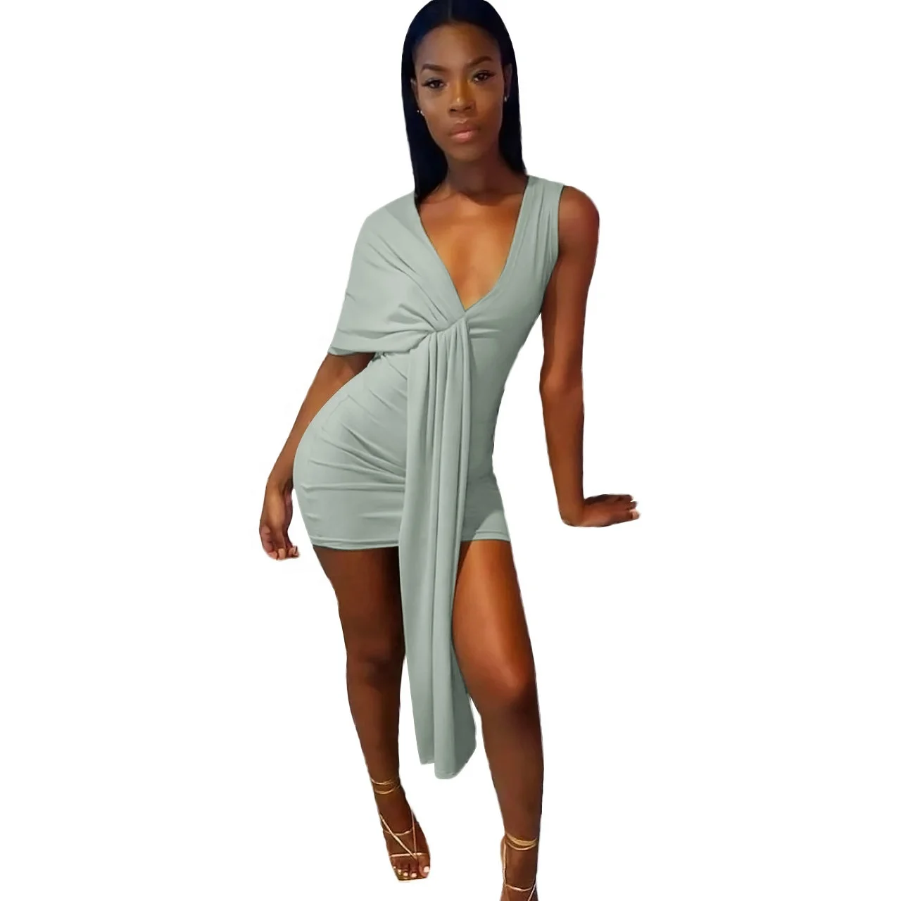 

G107084 Tie Up Wrap Chest Cut Out Mini Dresses For Women Midnight Clubwear Outfits Sleeve Off Shoulder Tight Style Dress, White/black/nude/green/purple