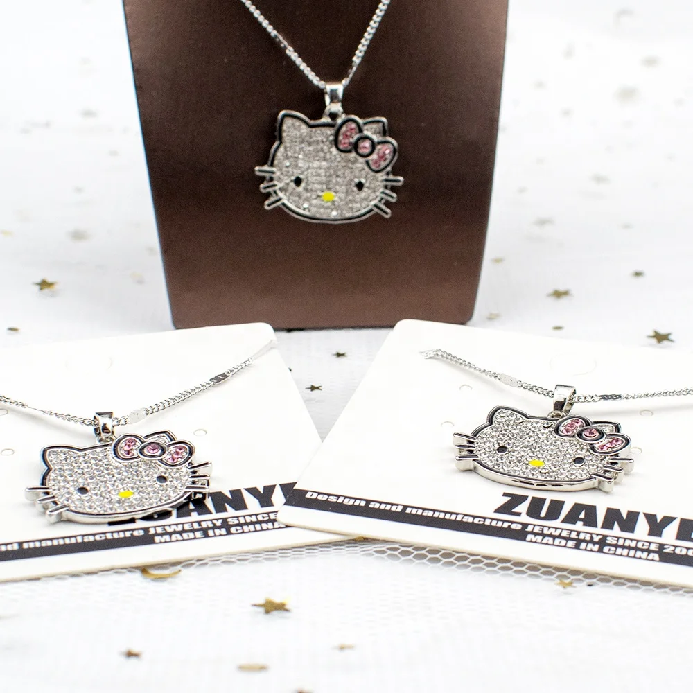 

Fashion design full of rhinestone bow pendant necklaces cute girl pink crystal Hello Kitty necklace jewelry