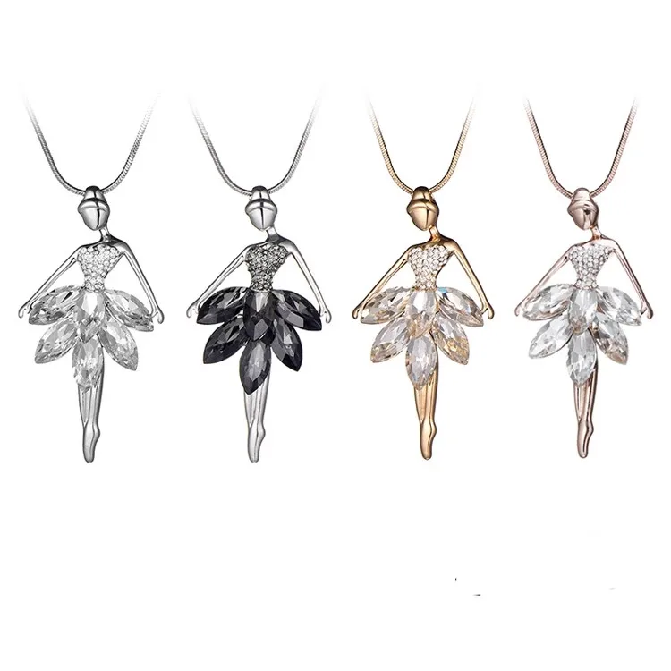 

Women Long Chain Jewelry Gifts Austria Rhinestone Crystal Ballet Girls Dancer Pendant Statement Necklace, Gold,silver,rose gold,black
