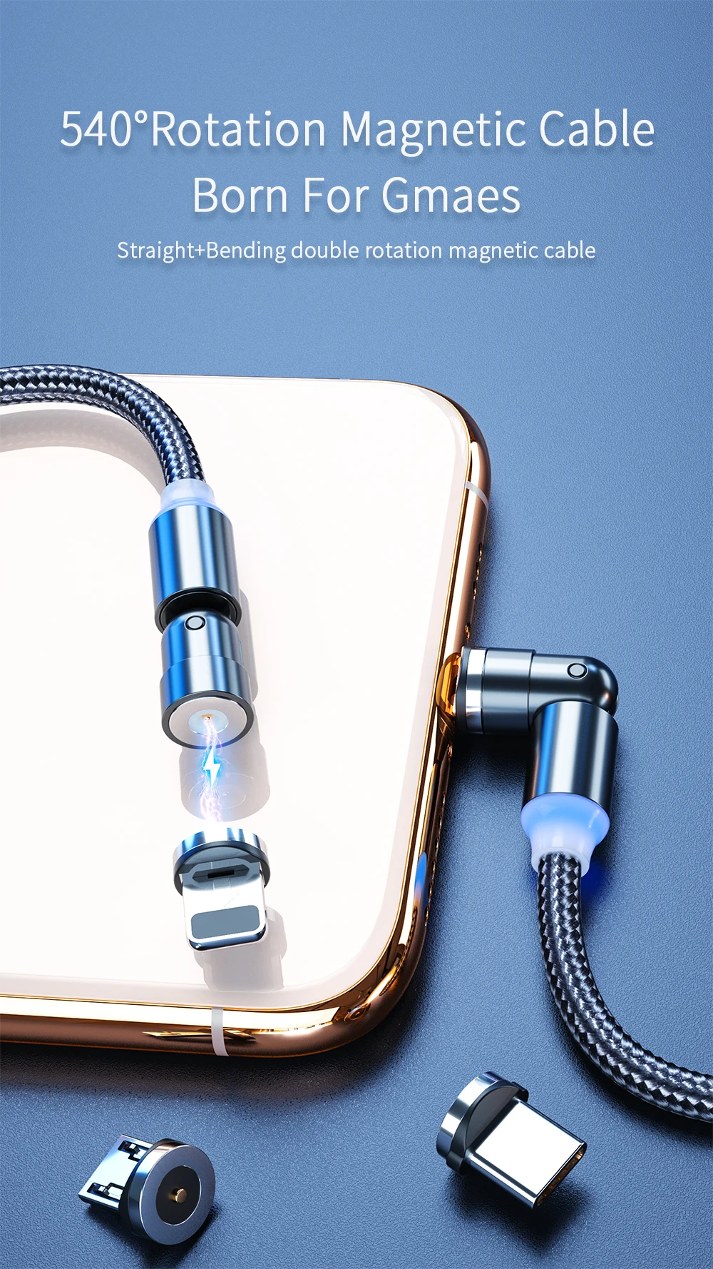 3 in 1 magnetic usb cable 3A fast charge 540 degree rotation magnet data lines magnetic charging cable - ANKUX.COM