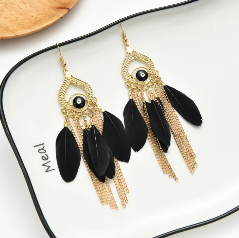 

2021 New Arrivals Fashion eye Tassel Earrings For Women feather Earrings, Black brown white
