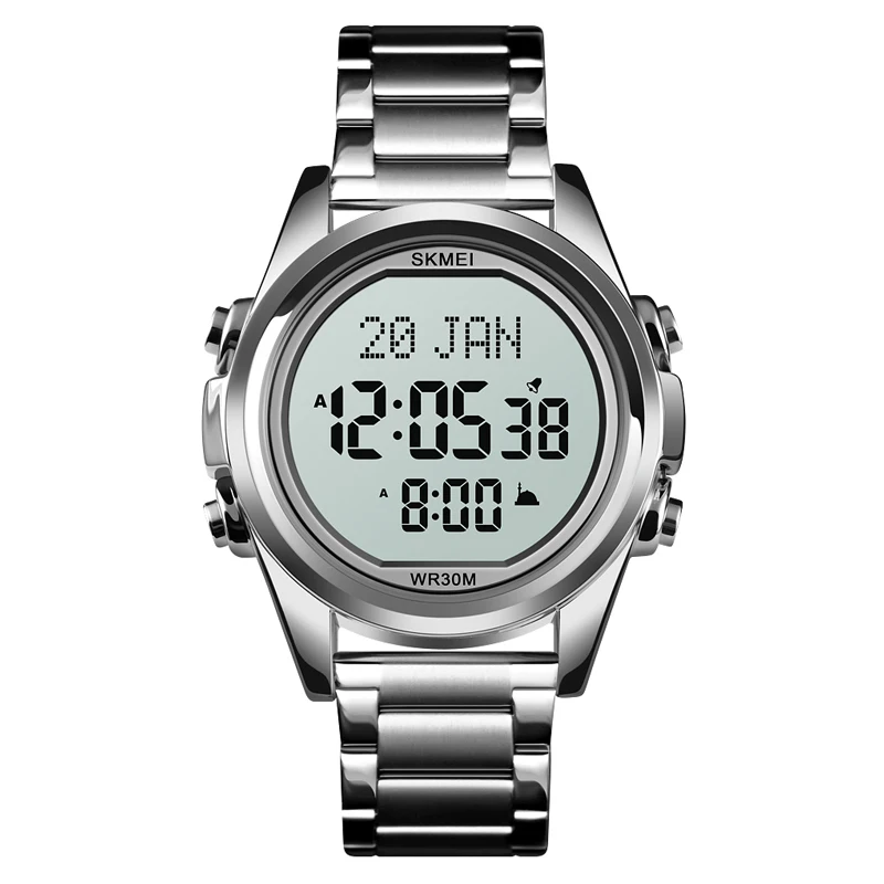 

SKMEI 1667 Stainless Steel Back Digital Alfajr Azan Prayer Wrist Watch, Black, gold, silver, rose gold
