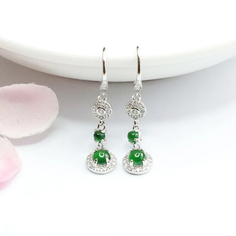 

S925 Silver Inlay Natural Emerald Ice-Like Emperor Green Stud Earrings Ear Hooks Jade Live Delivery 2051113