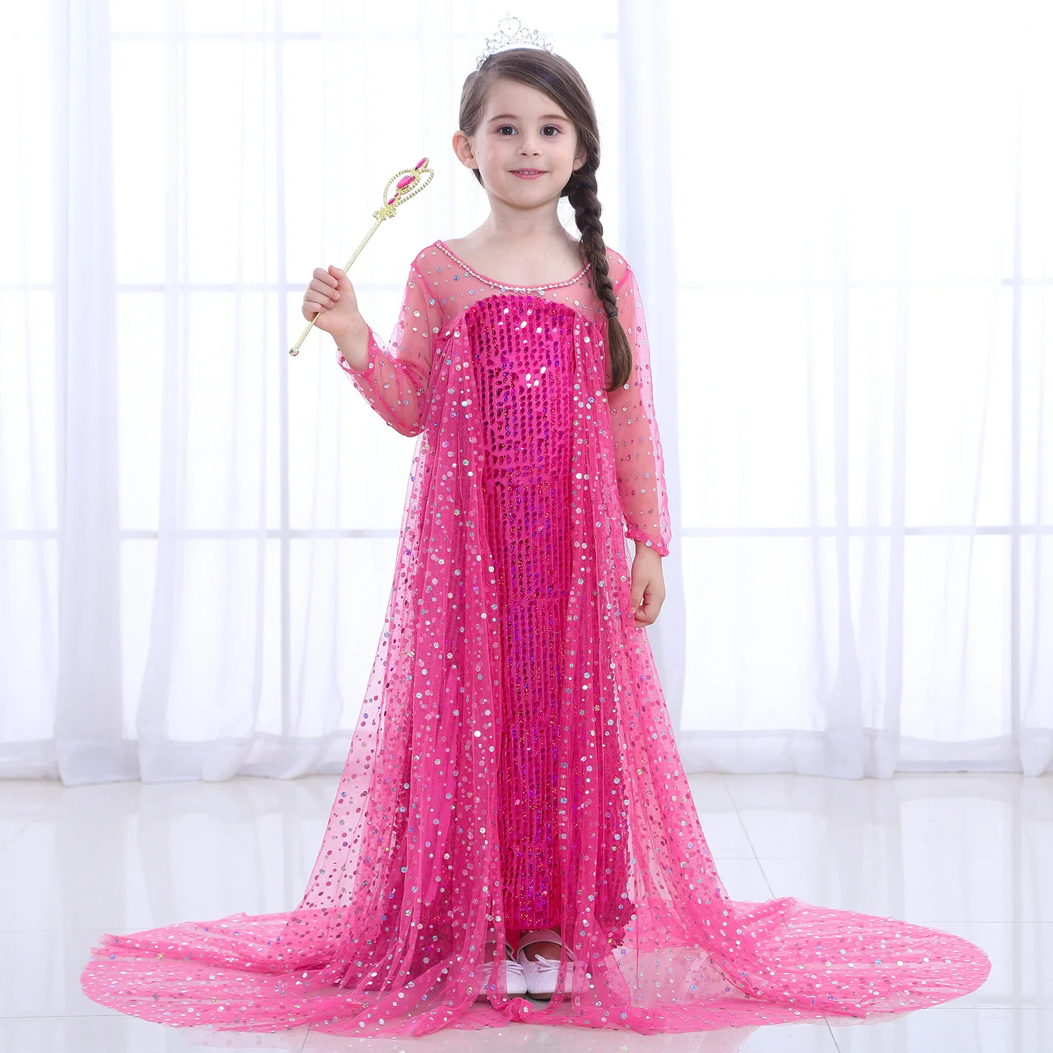 

E08 China wholesale Hot Sale Elsa Queen Costume Sequin Kids Masquerade Party Dress for Frozen Girls, Blue, hotpink