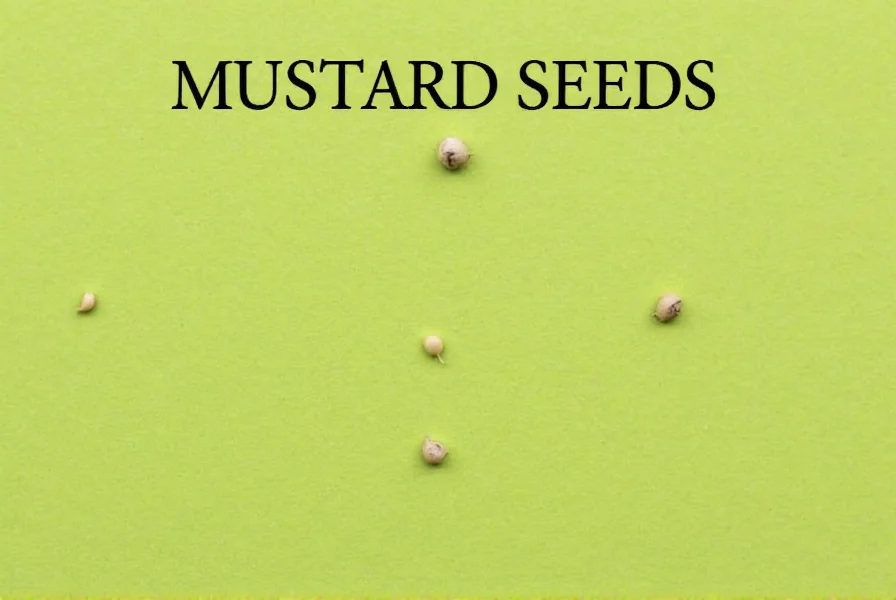 Side-by-side comparison image showing yellow, brown, and black mustard seeds next to common household items for scale including a penny, match head, and grain of rice