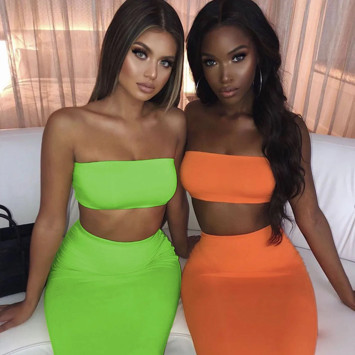 

2021 Summer Women's Sexy Tube Top and Tight Long Dress Ladies Fluorescent Colors 2 Pieces Top and Dresses Set., Orange green and pink