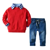 

baby boy clothes sets plain shirts with pants denim sweater red kids shirts casual children clothes boutiques wholesale