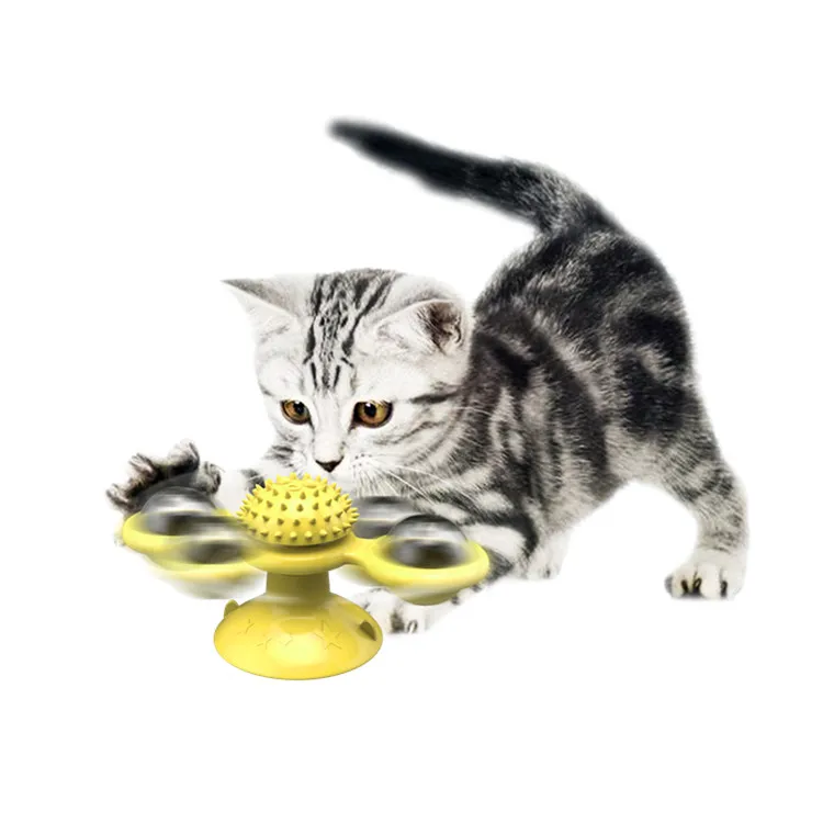 

Cat Windmill Spin Turntable Teasing Pet Funny Interactive Toy Massage Scratching Tickle with Led Ball and Catnip Ball, Blue, yellow, green