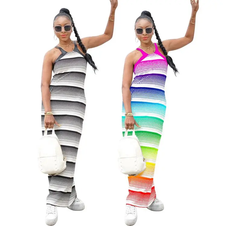 

JEAN High Quality Sleeveless Striped Long Dress Bodycon Dress Women Summer Dress 2021