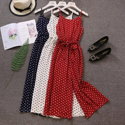 

Hot fashion women vintage wave point sleeveless long jumpsuits for holiday