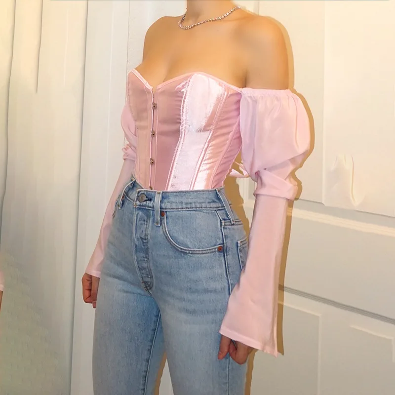 

Spring women fashion sexy solid color one word shoulder tie rope backless long sleeve ladies tight corset top blouse