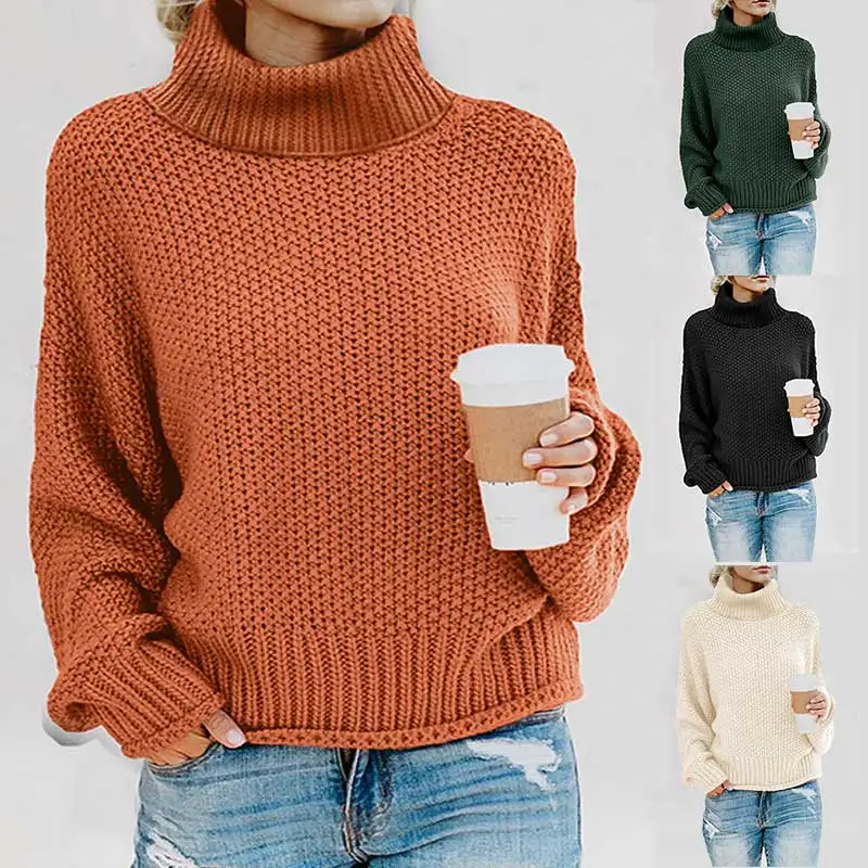 

Autumn Casual Long Sleeve Pullover Fancy Thick Line Thread Turtleneck Chunky Elegant Temperament Knitted Women's Sweater Tops, Customized color