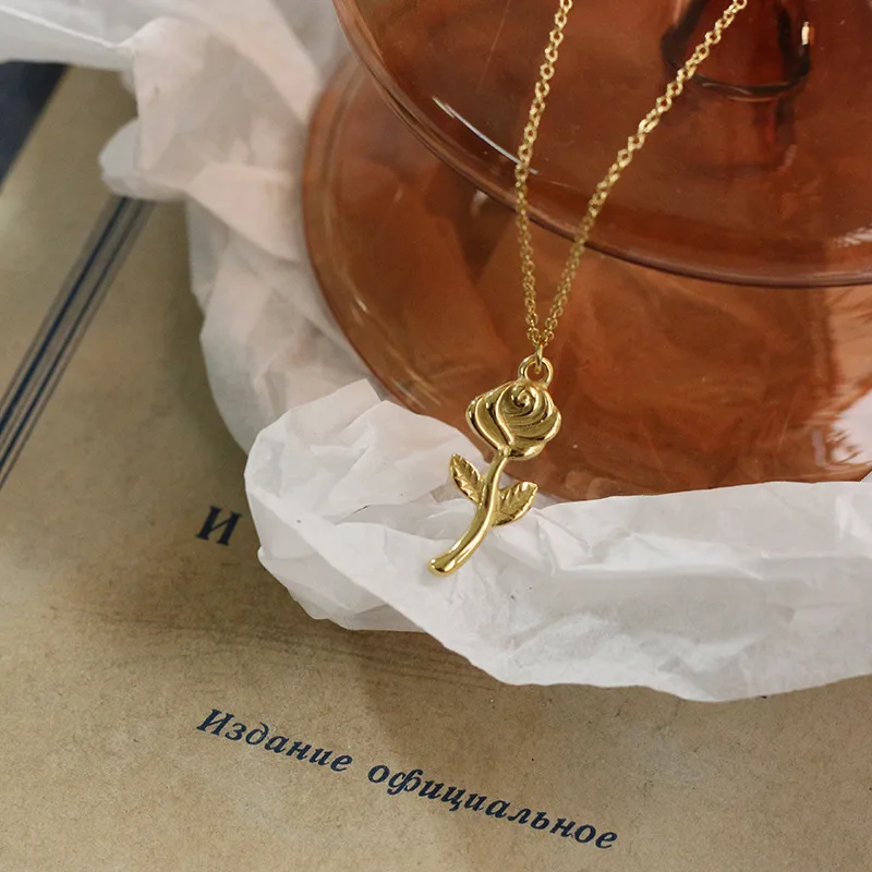 

Tarnish Free Stainless Steel 14k Gold Plated Small Rose Flower Pendant Necklace