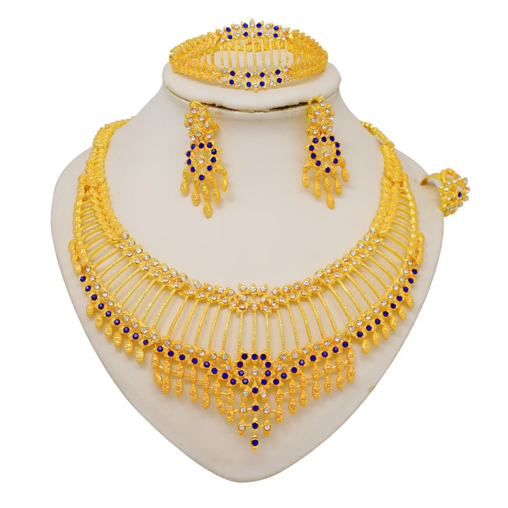 

24K Gold Plated Dubai Jewelry Sets Conjuntos De Joyas Necklace Earring Ring Bracelet African Wedding Bridal 4pcs Set